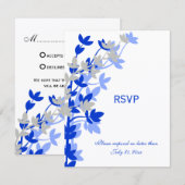 Elegante bladervaring in blauwe zilveren RSVP-kaar RSVP Kaartje (Voorkant / Achterkant)