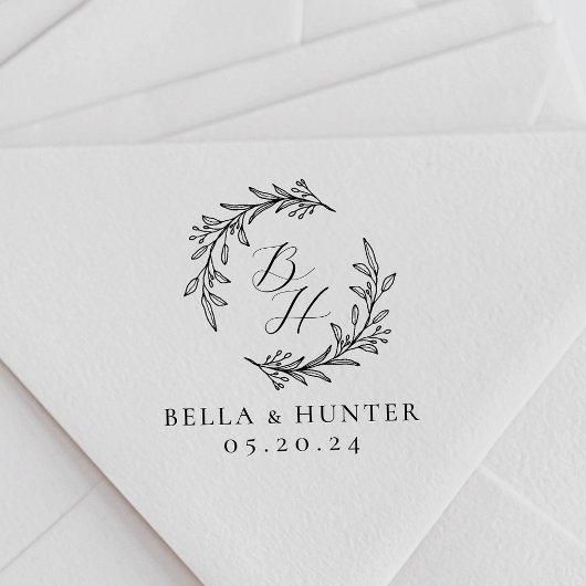 Elegante bladkrans bruiloft monogram naam  zelfinktende stempel