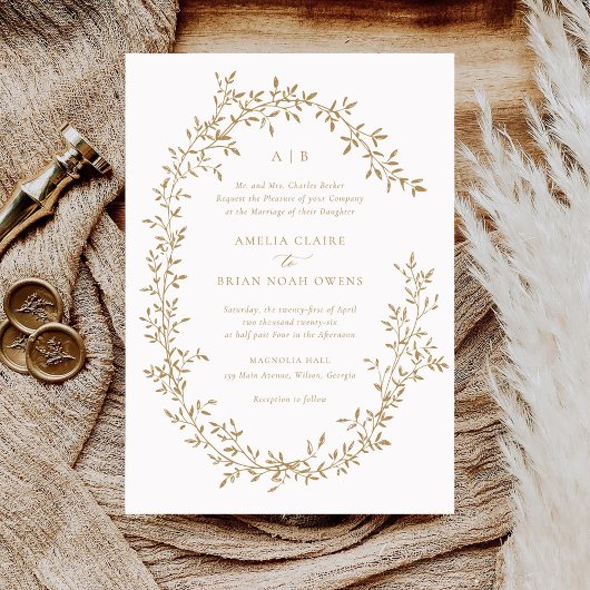 Elegante bladkrans gouden laurier botanische bruil kaart