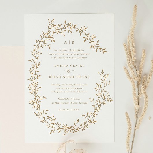 Elegante bladkrans gouden laurier botanische bruil kaart