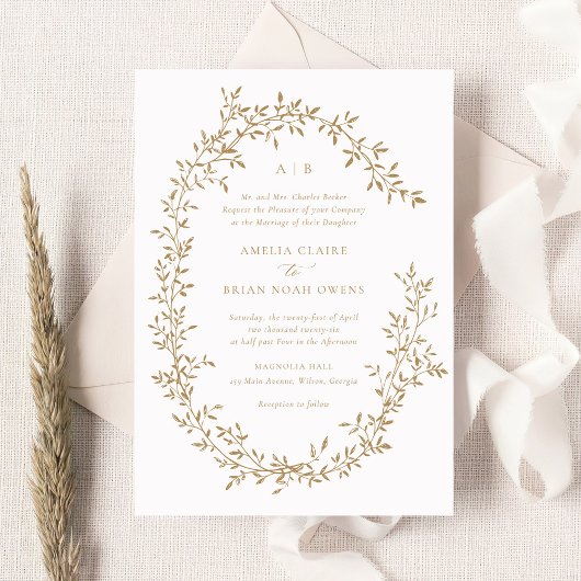 Elegante bladkrans gouden laurier botanische bruil kaart