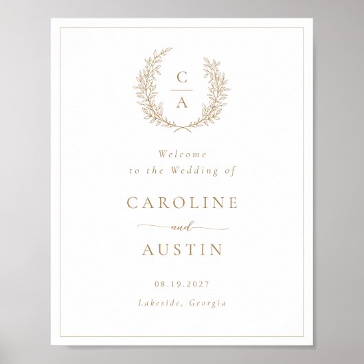 Elegante bladkrans gouden script bruiloft welkom poster (Voorkant)