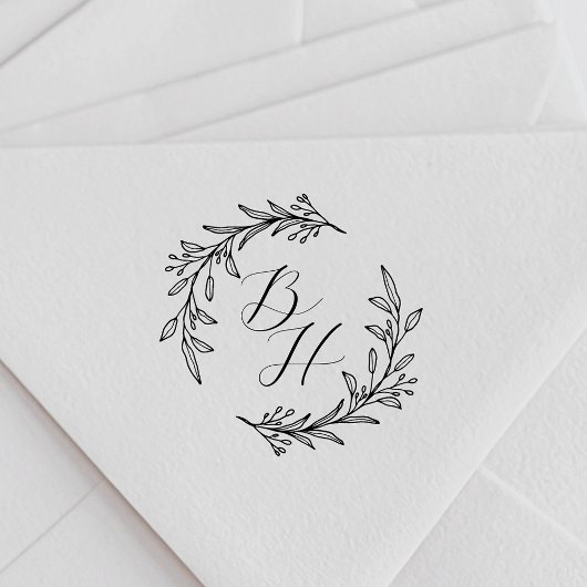 Elegante bladkrans trouwmonogram rubberstempel