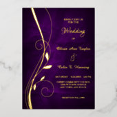 Elegante bladwerveling Dieppaarse Huwelijk Folie Uitnodiging (Voorkant)