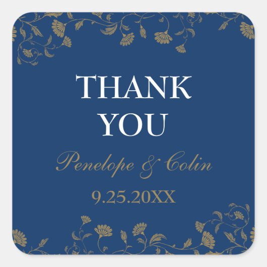 Elegante Blauw Bloemen bruiloft Dank u Vierkante Sticker (Voorkant)