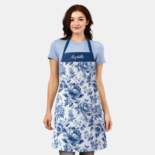 Elegante  Blauw Bloemen Toile Baking Schort (Gedragen)
