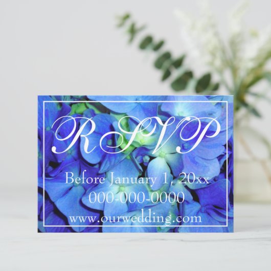 Elegante blauw bloemige rozen blauw hortensia's RS Save The Date (Staand voorkant)