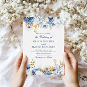 Elegante Blauw en Goud Bloemen Paar Foto Huwelijk Kaart