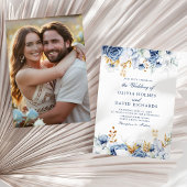 Elegante Blauw en Goud Bloemen Paar Foto Huwelijk Kaart