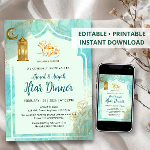 Elegante blauw en goud met marmer textuur Iftar Kaart
