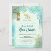 Elegante blauw en goud met marmer textuur Iftar Kaart (Voorkant)