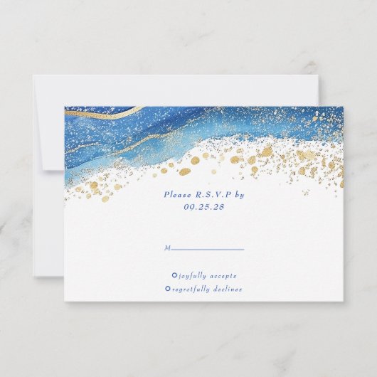 Elegante Blauw en Goud spatten RSVP reactie (Voorkant)