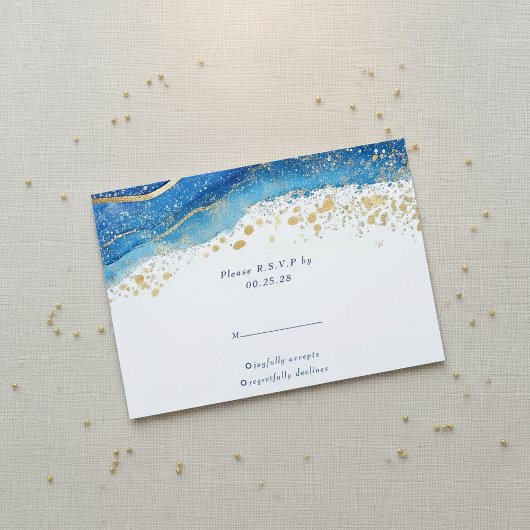 Elegante Blauw en Goud spatten RSVP reactie Kaartje