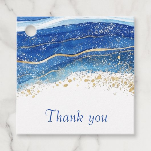 Elegante Blauw en Goud Waterverf Dank u Bedankjes Labels (Voorkant)