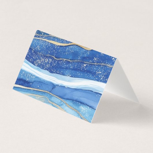 Elegante Blauw en Goud Waterverf Dank u Kaart (Achterkant)