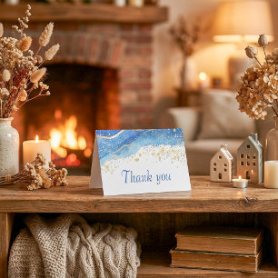 Elegante Blauw en Goud Waterverf Dank u Kaart