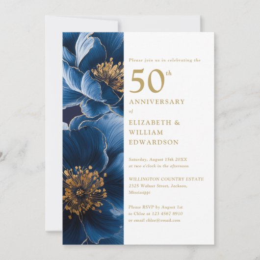 Elegante Blauw en Gouden Bloemen 50ste Jubileum Kaart (Voorkant)