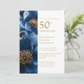 Elegante Blauw en Gouden Bloemen 50ste Jubileum Kaart (Staand voorkant)