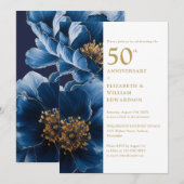 Elegante Blauw en Gouden Bloemen 50ste Jubileum Kaart (Voorkant / Achterkant)