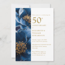 Elegante Blauw en Gouden Bloemen 50ste Jubileum