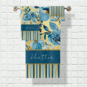 Elegante Blauw en Gouden Waterverf Bloemen Gestree Bad Handdoek
