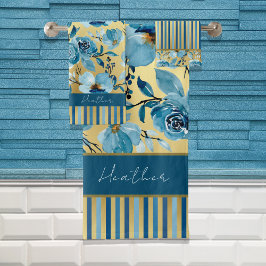 Elegante Blauw en Gouden Waterverf Bloemen Gestree Bad Handdoek