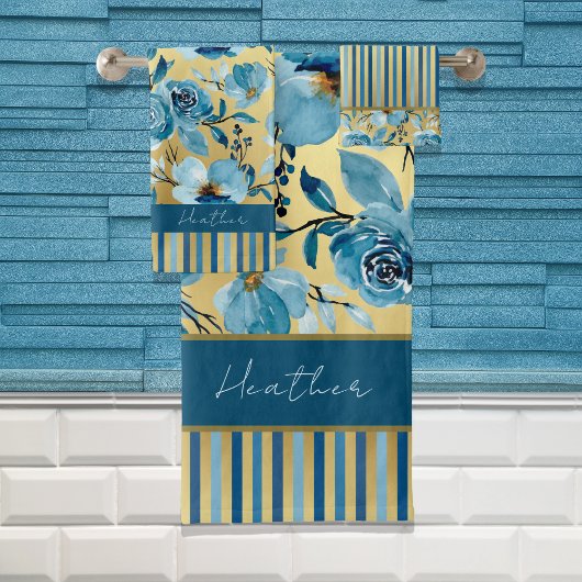 Elegante Blauw en Gouden Waterverf Bloemen Gestree Bad Handdoek