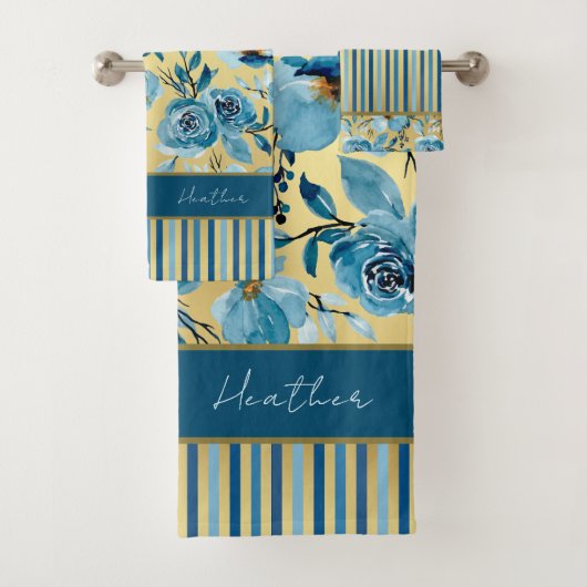 Elegante Blauw en Gouden Waterverf Bloemen Gestree Bad Handdoek (Insitu)