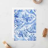 Elegante  Blauw en Wit Pagode Chinoiserie Notitiekaartje (Voorkant / Achterkant in situ)