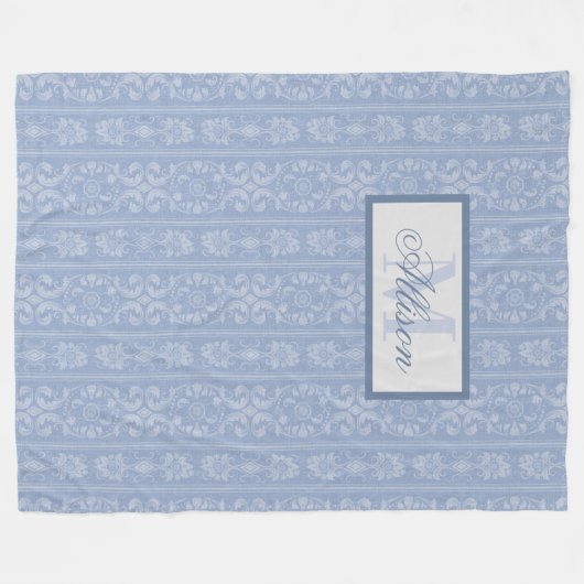 Elegante Blauw en Witte Bloemen Damast Monogrammed Fleece Deken (Voorkant (Horizontaal))