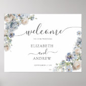 Elegante Blauw en Witte Bloemen Welkom bruiloft Poster (Voorkant)