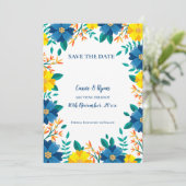 Elegante Blauw Geel Bloemen Huwelijk Save the Date (Staand voorkant)