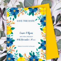 Elegante Blauw Geel Bloemen Huwelijk Save the Date