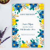 Elegante Blauw Geel Bloemen Huwelijk Save the Date