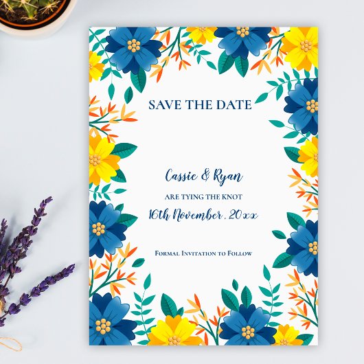 Elegante Blauw Geel Bloemen Huwelijk Save the Date