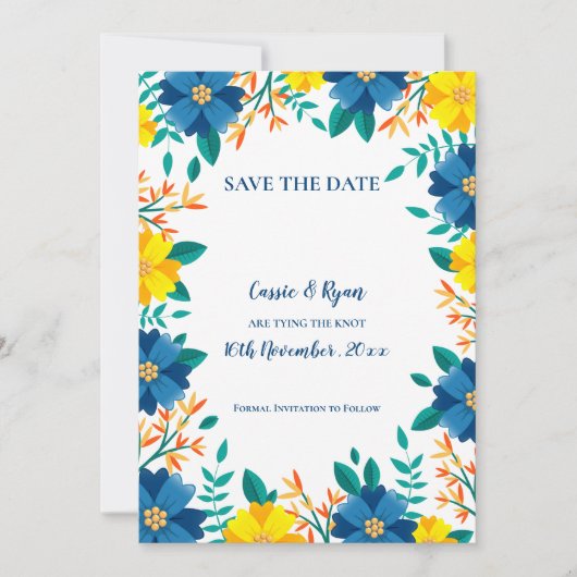 Elegante Blauw Geel Bloemen Huwelijk Save the Date (Voorkant)