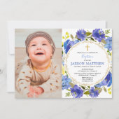 Elegante blauw gele doop foto uitnodigingen (Voorkant)