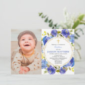 Elegante blauw gele doop foto uitnodigingen (Staand voorkant)