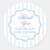 Elegante Blauw Gestreepte Golvende Script Bedankt Ronde Sticker (Voorkant)