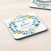 Elegante Blauw Goud Blad Gepersonaliseerde bruilof Bier Onderzetter (Linkerzijde)