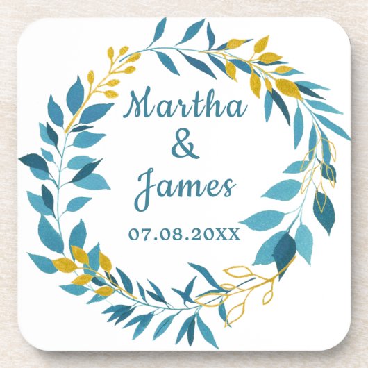 Elegante Blauw Goud Blad Gepersonaliseerde bruilof Bier Onderzetter (Voorkant)