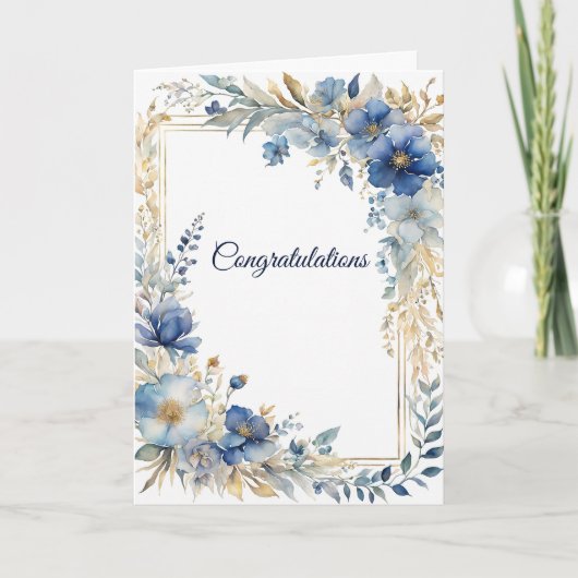 Elegante Blauw Goud Bloemen bruiloft Gefeliciteerd Kaart (Voorkant)