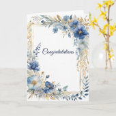 Elegante Blauw Goud Bloemen bruiloft Gefeliciteerd Kaart (Gele Bloem)