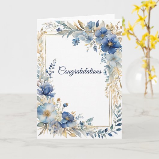 Elegante Blauw Goud Bloemen bruiloft Gefeliciteerd Kaart (Gele Bloem)
