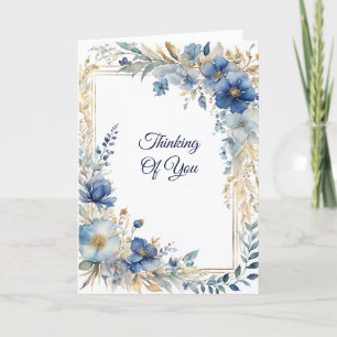 Elegante Blauw Goud Bloemen Denken aan U Kaart