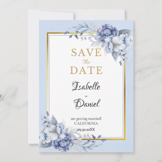 Elegante Blauw Goud Bloemen Huwelijk Save The Date Kaart (Voorkant)