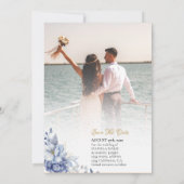 Elegante Blauw Goud Bloemen Huwelijk Save The Date Kaart (Achterkant)