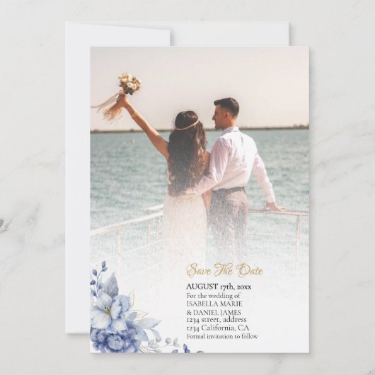 Elegante Blauw Goud Bloemen Huwelijk Save The Date Kaart (Achterkant)