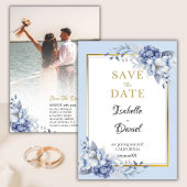 Elegante Blauw Goud Bloemen Huwelijk Save The Date Kaart