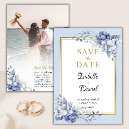 Elegante Blauw Goud Bloemen Huwelijk Save The Date Kaart